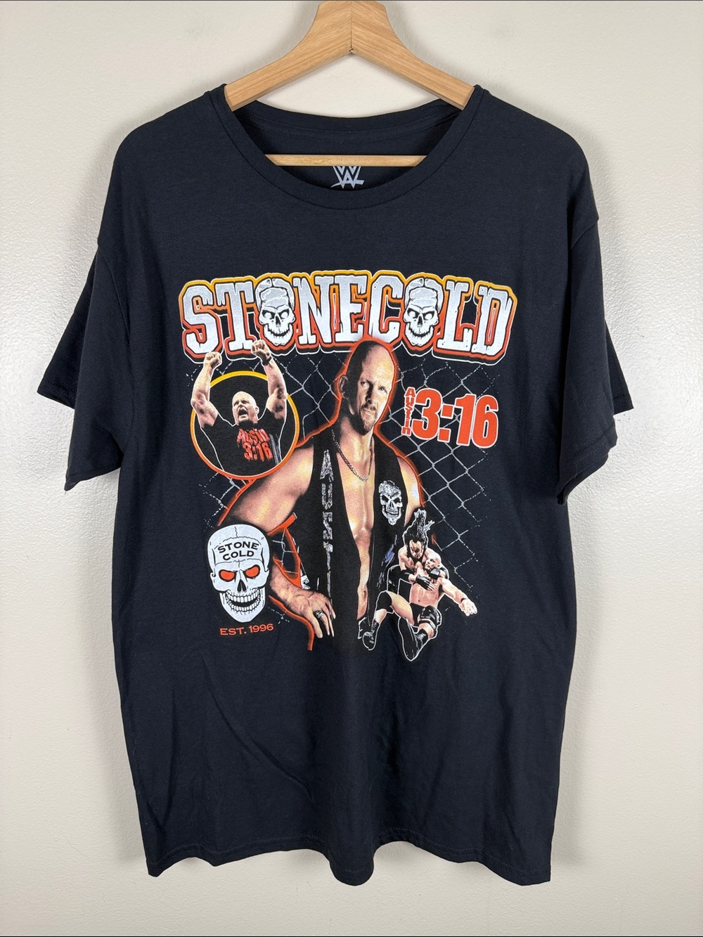 WWE Stone Cold Graphic Tee - Black with Red & Yellow Accents. NEW Large